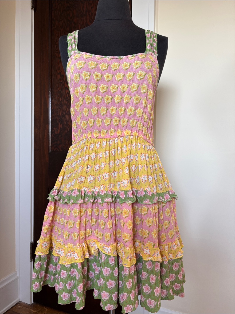 Salty Lemon Floral Tiered Patchwork Sundress Pink, Yellow & Green Ruffle